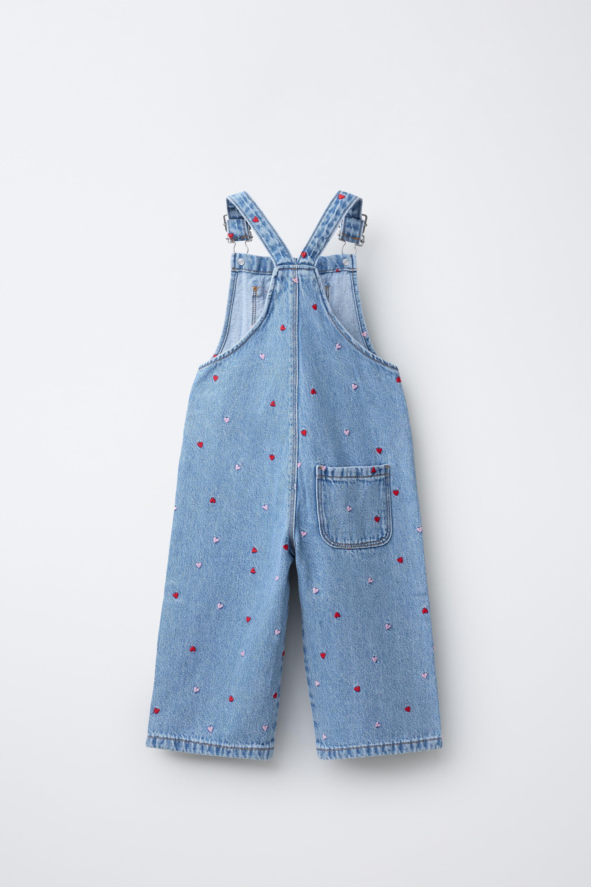 EMBROIDERED HEART DENIM OVERALLS